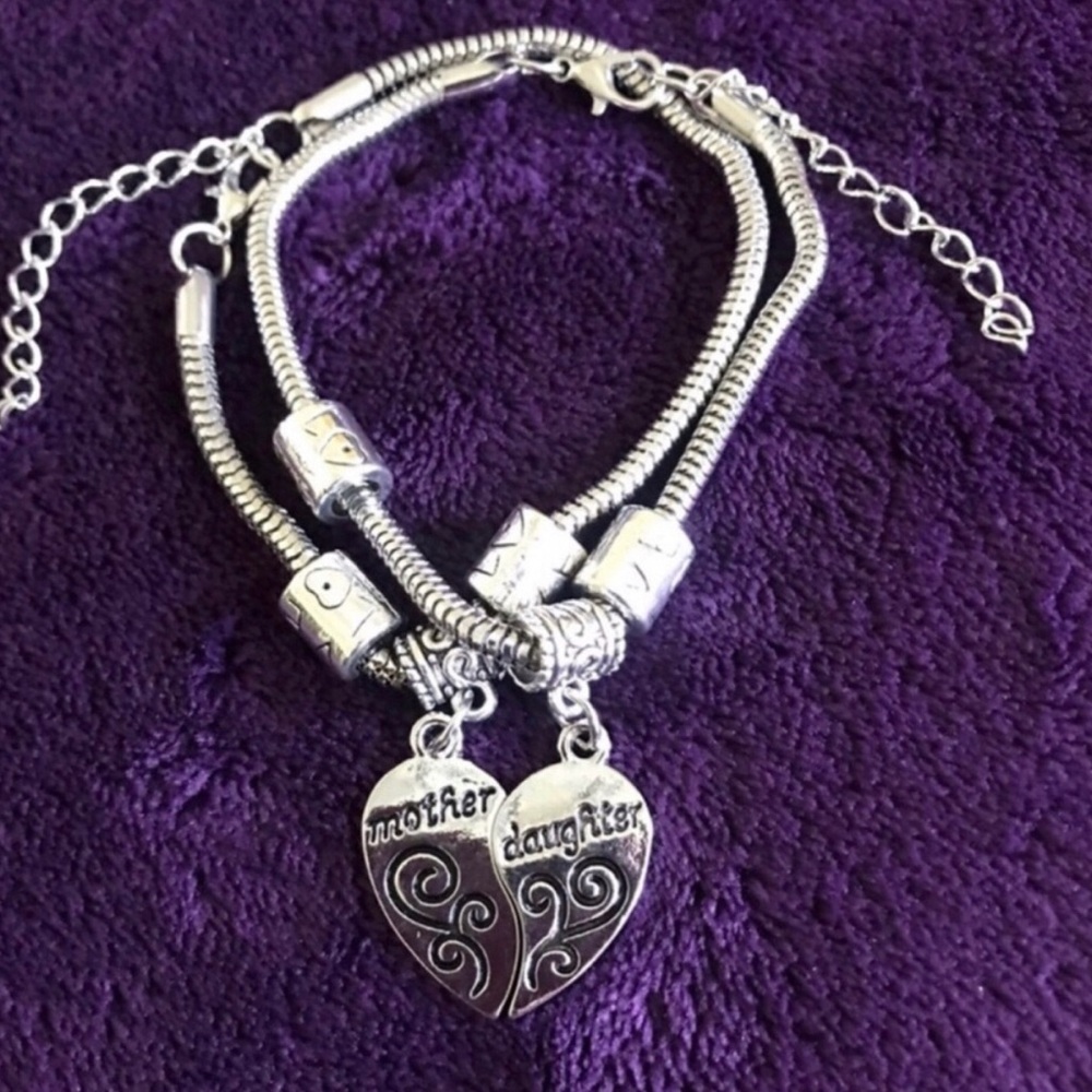 Mother Daughter Silver-Tone Split Heart Bracelet Set